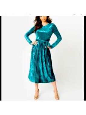 Velvet Round Collar Long Sleeve pleaded  Midi Dress